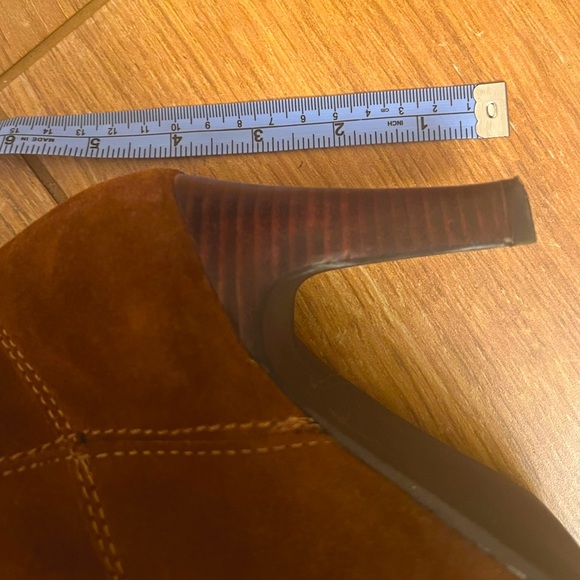 Suede Tan Brown Heel Fringe Boots Boho Western Kitten Heel tall leather - Picture 7 of 12